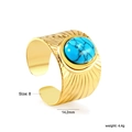 Detail of vintage turquoise stone ring with golden textured band and size 8 dimensions - Size 8 (Adjustable) / Wide Band Oval Blue Stone Style (RI1483K8G)