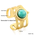 Detail view of gold-plated stainless steel ring with 15.5mm green stone and open design - Size 8 (Adjustable) / Triple-layer Hollow Green Stone Style (RI144301G)