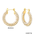 Detail view of gold hoop earrings with white pearls and sparkling rhinestones 26x24mm - Pavé Pearl Rhinestone Hoop Earrings (EA33230AG)