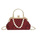 Retro-Handtasche mit rotem Leopardenmuster, Klippverschluss und Perlenkette - Rot