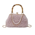 Bolso rosa de piel sintética con asa de bambú y cadena de perlas elegante - Rosa
