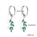 Detail view of silver earrings with green leaf pendants and precise size measurements - Silver Leaf Marquise Green Gem Earrings (EA57310JS)