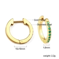 Close-up of gold-plated stainless steel hoop earrings with green zircon inlays - Hoop Inlaid Round Green Gem Earrings (EA31960JG)