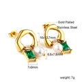 Detail of gold plated stainless steel earrings with green zircon and drop pearl charms - Irregular Hoop Green Gem Pearl Drop Earrings (EA57320MG)