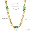 Macro detail of gold plated stainless steel necklace with emerald green crystals - Three Rectangular Green Gems Thick Chain Necklace (NE2C530JG)