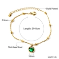 Detail of gold plated stainless steel anklet with green gem pendant and size specs - Bead Chain Green Gem Pendant Anklet (AN11630JG)