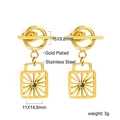 Gold plated stainless steel square drop earrings with green gemstone and sunburst design - Sunburst Square Green Gem Hollow Earrings (EA58360JG)