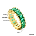 Detail showing 6.7mm gold plated stainless steel ring with emerald cut stones - Size 8 Rectangular Green Gem Row Ring (RI1376J8G)