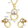 Detail of gold plated stainless steel pearl necklace and earring set with cubic zirconia - Gold Minimalist Pearl Double Ring Style (SE212101G)