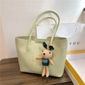 Pistachio green lychee leather tote bag with a cute plaid bunny keychain accessory - Green Without Pendant