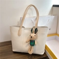 Chic cream white pebble leather tote bag with a cute plaid bunny charm detail - Beige No Pendant