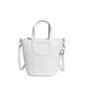 White lychee leather bucket bag with silver hardware and adjustable crossbody strap - White
