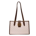 Klassische weiße Shopper-Tasche mit braunen Trägern und goldener Schnalle, Frontansicht - Off-White & Kaffee