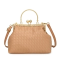 Elegant khaki woven handbag with gold ring handle and pearl clasp detail - Khaki