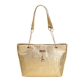 Sac à épaule doré brillant avec motif crocodile, pendentif cerf et chaîne en métal - Doré