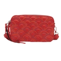 Red crossbody camera bag with rainbow quilted stitching and silver metal hardware - Red