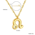 Macro view of 18k gold plated Leo zodiac pendant with dimensions and s.steel hallmark - Leo