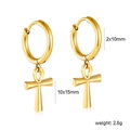 18k gold plated stainless steel hoop earrings with Ankh cross pendants on white background - Gold Ankh Cross Pendant Earrings (EA5C6701G)