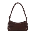 Vintage coffee shoulder bag with silver rivets and buckle in a stylish hobo baguette shape - Brown