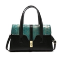Retro black crossbody bag for women with green snakeskin texture and gold buckle - Black With Green Accent