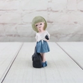 Detail of cute resin girl figurine with green hair and blue pleated skirt for home decor - Green Short Hair White Off-shoulder Top (Naier Girl A)