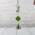 Japanese style cat hanging ornament with green clover and bronze bell on white wall - White Cat Wind Chime Pendant