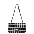 Classic black and white plaid tweed shoulder bag with gold chain strap and metal lock - Black Plaid