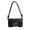 Sac sous le bras chic en similicuir noir avec imprimé lettres et boucle dorée carrée - Noir