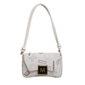 White faux leather baguette bag with brown letter print and golden M buckle - Off White