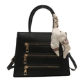 Minimalist black tote bag with gold zippers and decorative beige floral silk scarf handle - Black