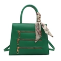 Minimalist green leather crossbody bag with triple gold zippers and silk scarf handle - Green