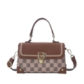 Retro monogram crossbody bag in dark brown leather with gold clasp and checkered canvas - Grid Khaki