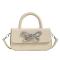 Elegante borsa a mano crema con fiocco in cristallo argento e manico superiore - Cachi