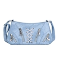 Sac baguette en jean bleu clair avec laçage blanc et fermetures éclair en métal argenté - Bleu clair