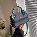 Dark blue canvas crossbody bag with silk scarf handle and adjustable leather strap - Blue