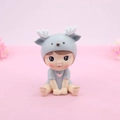 Cute doll cake topper in gray deer costume with pink heart on a pink background - Grey Reindeer Boy