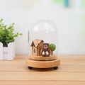 Creative wooden Castle in the Sky music box with glass dome and miniature bear - Wooden Cabin Bear (17074)