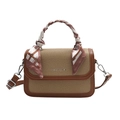 Retro contrast patchwork handbag with straw texture, silk scarf handle and leather strap - Tan