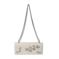 Beige rectangular chain bag with silver butterfly accents and glossy finish for women - Gray
