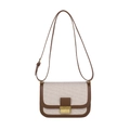 Borsa a tracolla vintage in pelle marrone e lino beige con fibbia dorata chic - Marrone
