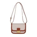 Linen and red-brown leather crossbody square bag with gold metal buckle clasp - Red Brown