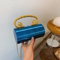 Metallic blue cylinder evening bag with gold lion head handle and chain strap - Blue