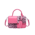 Pink faux leather handbag with leopard print fur trim and detachable shoulder strap - Pink
