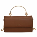 Dark brown leather crossbody bag with gold ring handle and snake chain strap - Dark Khaki