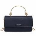 Dark blue leather small square bag with golden circular handle and elegant chain strap - Blue