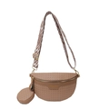 Tan woven crossbody bag with geometric jacquard strap and round coin purse accessory - Khaki