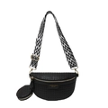 Black woven half-moon crossbody bag with geometric wide strap and small coin pouch - Black