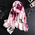 Elegant long silk-like floral scarf in light pink with deep red blossoms and green leaves - 90*180cm / Light Pink