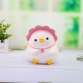 Cute white chick piggy bank with pink hat and bow tie on a wooden desk setting - White Pigeon Pink Hat (1096-1A)