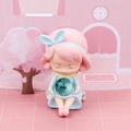 Cute pink resin girl night light holding a blue flower glass ball desk ornament - Medium Style B - Pink Hair Blue Dress (3B)